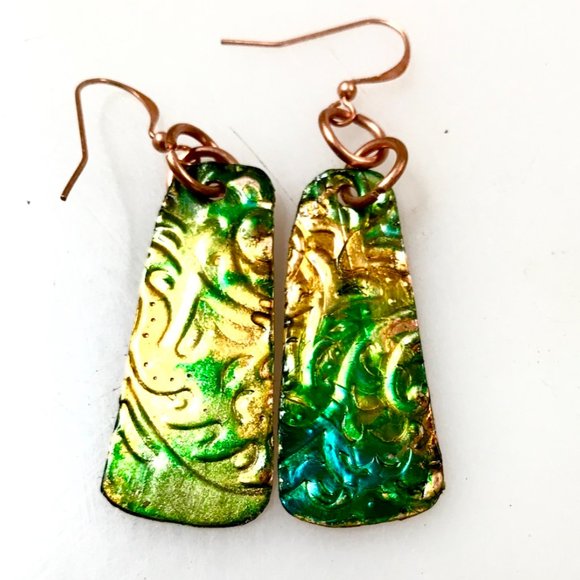 Rustic Little  Green Blue Textured Solid Copper Earrings Brutalist Abstract Boho - Picture 3 of 8